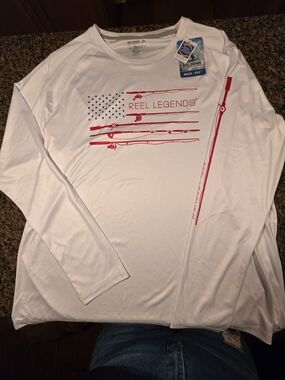 Reel Legends Men’s Long-Sleeve Performance Shirt - White with Red Graphic